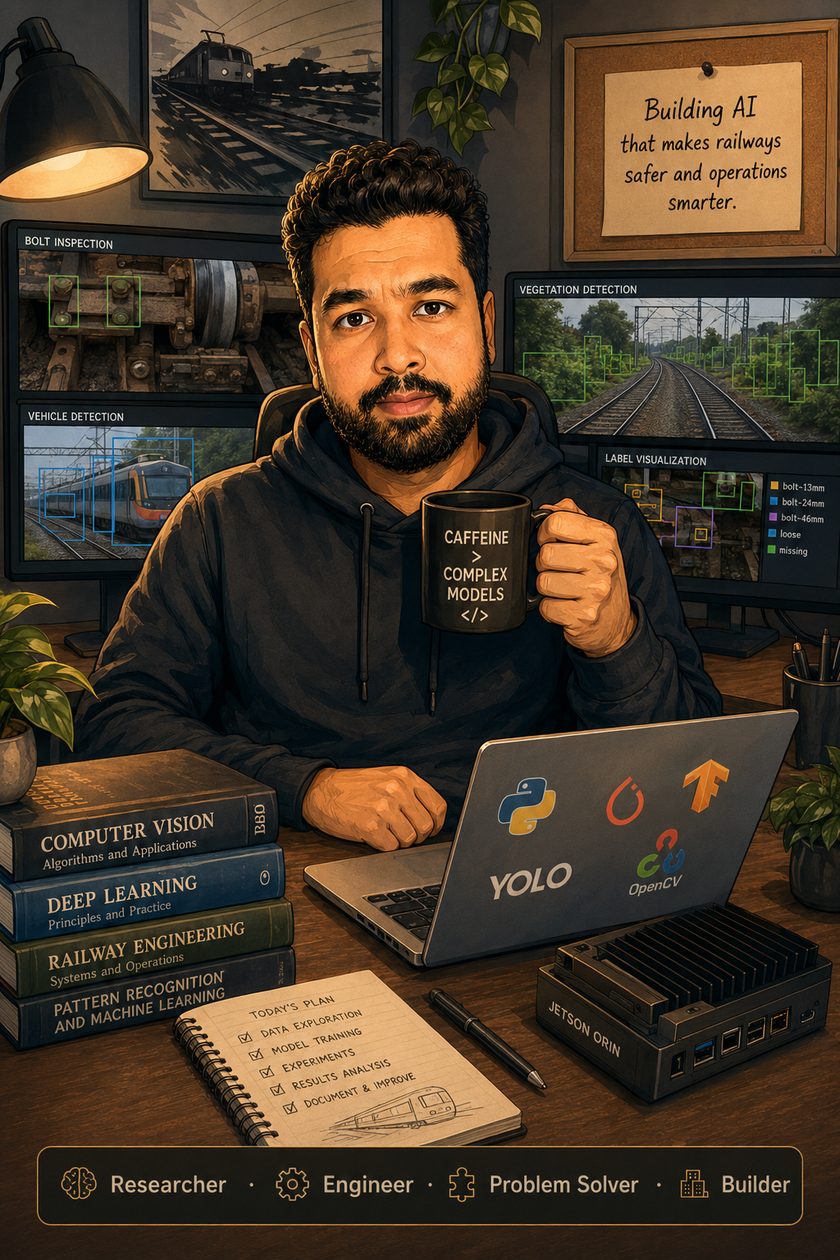 Illustrated portrait of Mujadded Al Rabbani Alif at his desk with a mug of coffee. Behind him, monitors show railway computer-vision work: bolt inspection, vehicle detection, vegetation detection and a labelled bolt-condition view. On the desk sit a laptop with Python, PyTorch, TensorFlow, YOLO and OpenCV stickers, an NVIDIA Jetson Orin, a notepad listing the day&rsquo;s plan, and books on computer vision, deep learning, railway engineering and pattern recognition. A pinned note reads &lsquo;Building AI that makes railways safer and operations smarter.&rsquo;